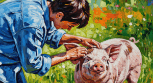 An impressionist-style oil painting of a person in a blue denim jacket gently scratching the ears of a spotted piglet in a sunlit green field with orange flowers