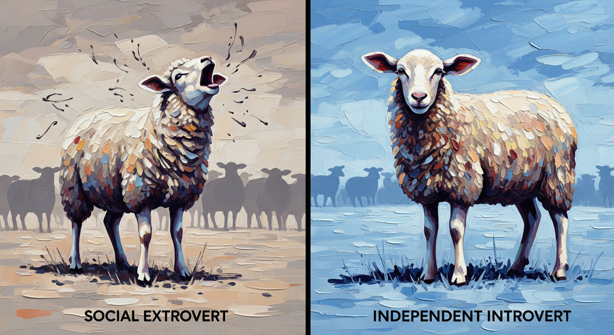 Sheep illustrate an extrovert versus introvert analogy: one labeled “Social Extrovert” bleats loudly, the other “Independent Introvert” stands quietly apart from the flock