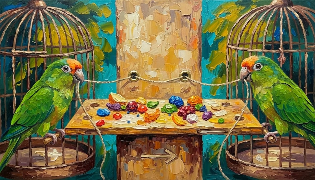 Impasto painting of two Peach-fronted Conures in a lab experiment, pulling a single string loop to move a sliding food platform
