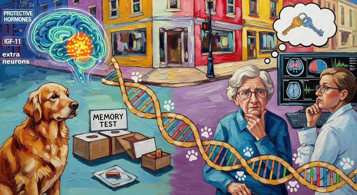 Golden retriever and brain scan imagery representing the Dog Aging Project and canine memory loss