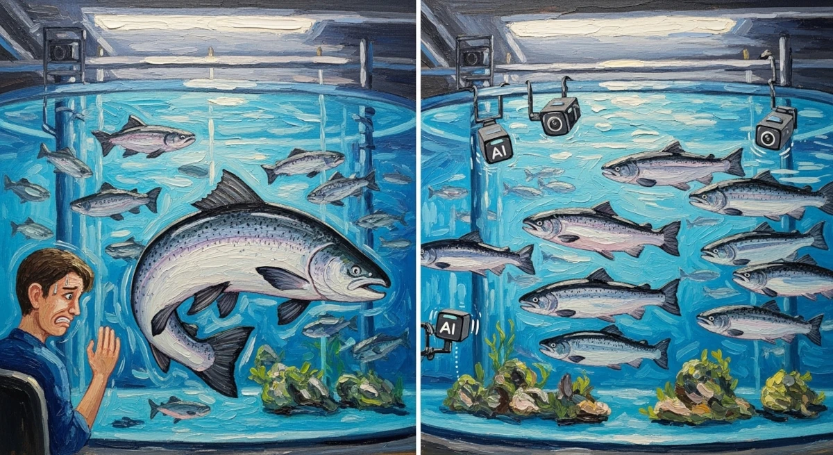 Two-panel impasto painting: the left panel shows a human observer overwhelmed by a fish tank, while the right panel shows AI cameras monitoring coordinated schools of salmon