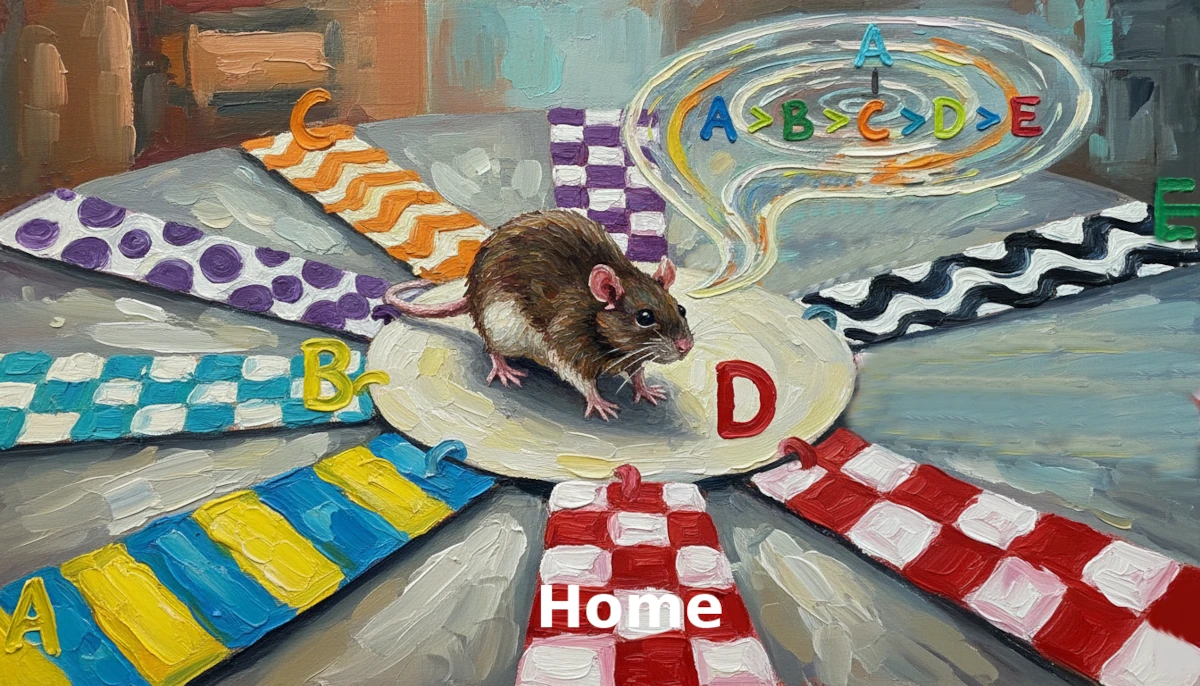 Impasto painting of a brown rat at the center of an 8-arm radial maze, arms labeled A-E with distinct patterns, thought bubble showing "A>B>C>D>E" hierarchy
