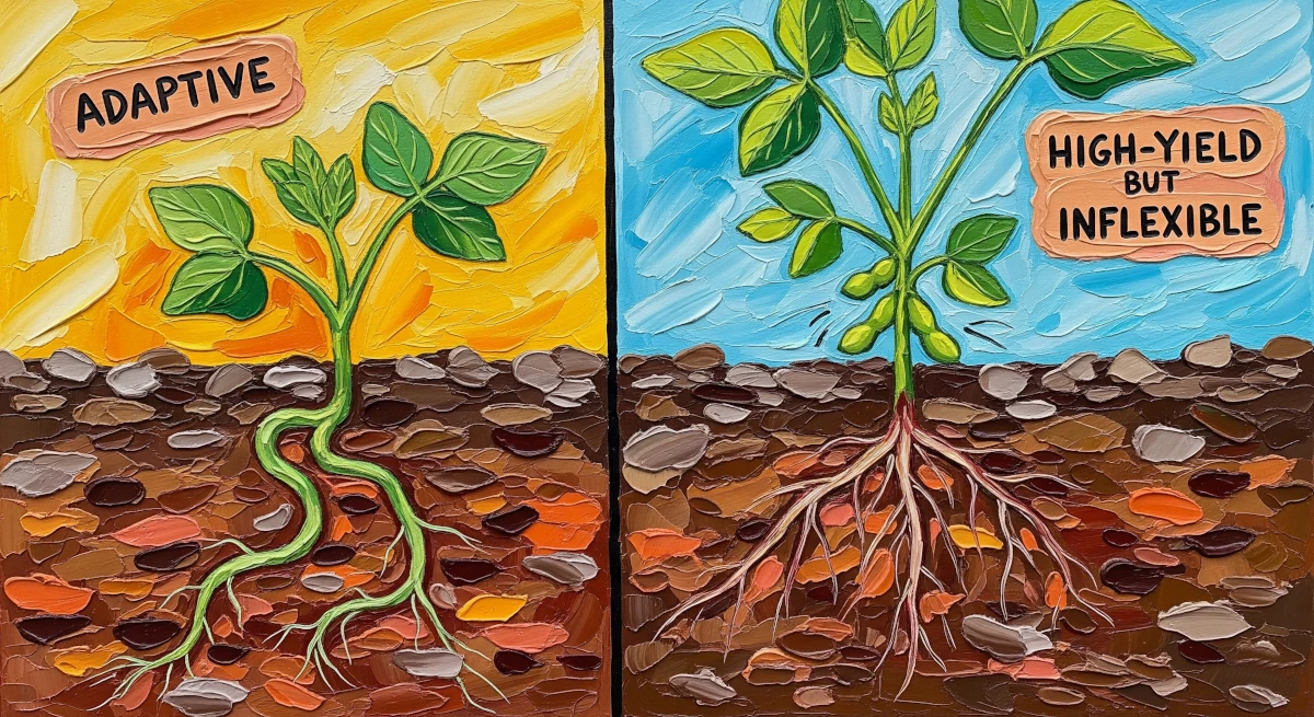 Oil painting comparing two soybean varieties. Left panel: adaptive traditional plant with smaller, flexible, winding roots in clay soil. Right panel: high-yield modern plant with larger, rigid, straight roots and heavy bean pods, illustrating the trade-off between productivity and environmental resilience.