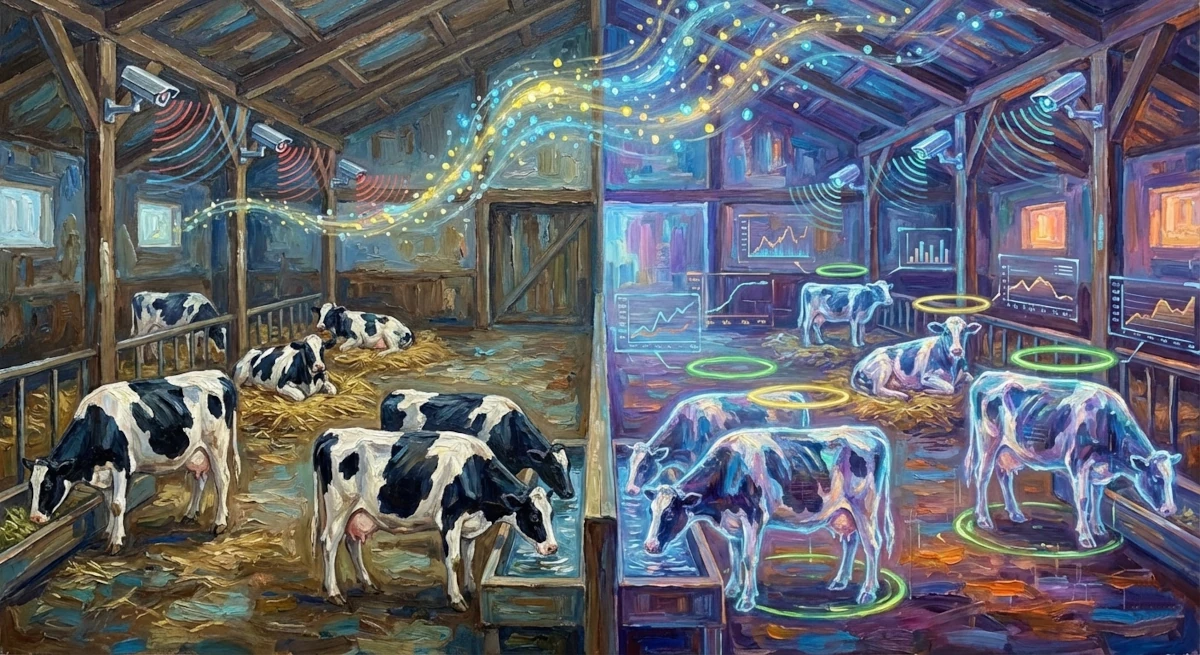 Split-screen view of a traditional dairy barn on the left and an AI-enhanced digital twin version on the right with data overlays and motion tracking sensors