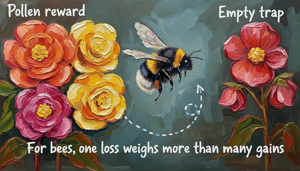 Impasto painting of a bumblebee hovering between a cluster of flowers labeled 'Pollen reward' and a red flower labeled 'Empty trap'. Bottom text reads: 'For bees, one loss weighs more than many gains,' illustrating loss aversion in bee foraging behavior.