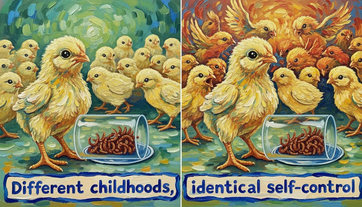 Two-panel painting of chicks in stable (calm green) versus unstable (agitated orange) social conditions. Both groups show identical self-control around mealworms in a glass cylinder, illustrating research on early-life social instability and impulse control.