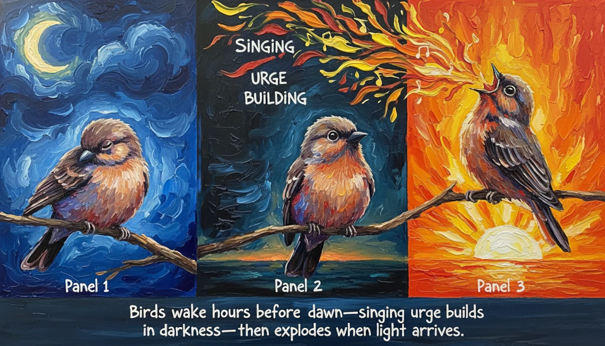 Impasto triptych showing a bird waking in moonlight, waiting in pre-dawn darkness, and singing intensely at sunrise representing the rebound singing effect