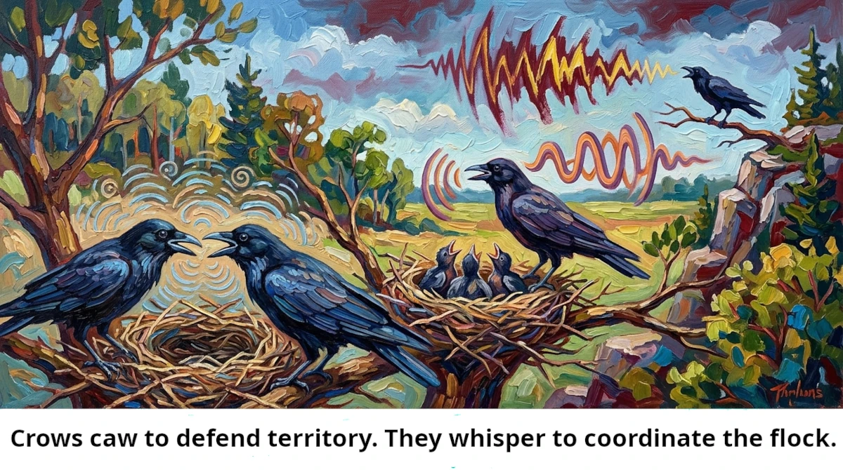 Impasto painting of carrion crows illustrating a loud, jagged territorial caw and soft, rippling whisper sound waves near nests with chicks