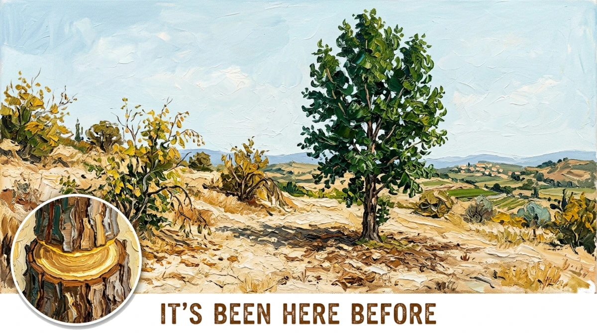 An impasto painting of a lush poplar tree on a sun-baked hillside with a circular inset of a cut tree trunk showing its growth rings and cambium