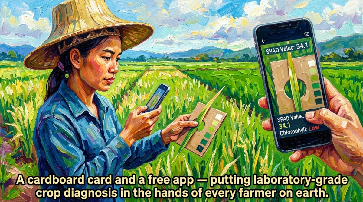 Thai rice farmer in a lush paddy field using a smartphone and PhotoFolia card to measure leaf chlorophyll, impasto painting style
