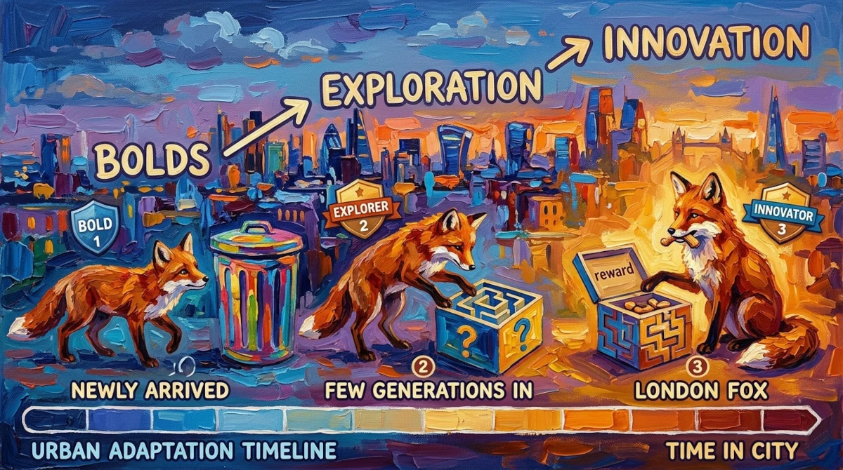 Three stages of urban fox adaptation: Boldness (newly arrived), Exploration (middle generations), and Innovation (long-established London foxes) depicted on a timeline