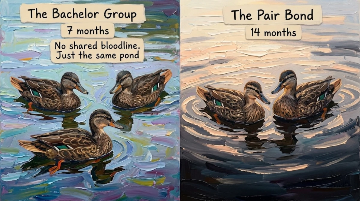 Two-panel painting of endangered Hawaiian ducks (Koloa Maoli). Left panel: 'The Bachelor Group' with three ducks swimming, '7 months'. Right panel: 'The Pair Bond' with a male and female pair, '14 months'.