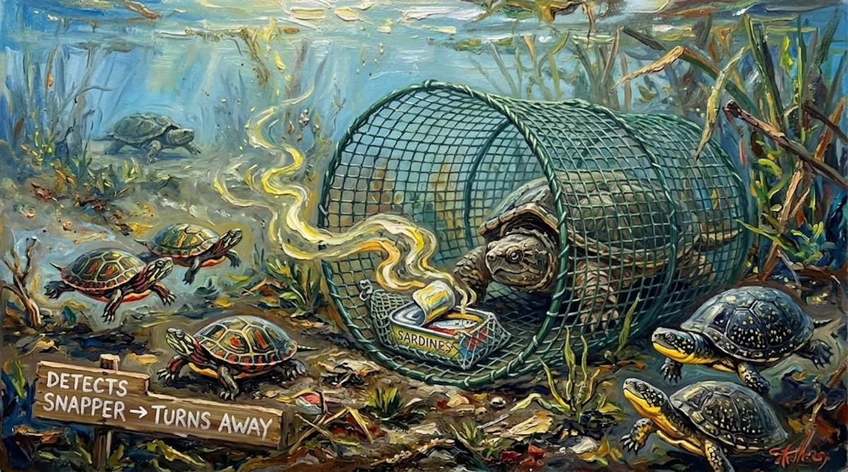 Impressionistic underwater painting of freshwater turtles near a green hoop net trap in a murky marsh. Inside, a large snapping turtle approaches a can of sardines emitting a yellow scent trail. Outside, three midland painted turtles and two Blanding's turtles swim nearby, avoiding the trap, next to a wooden sign reading "DETECTS SNAPPER -> TURNS AWAY".