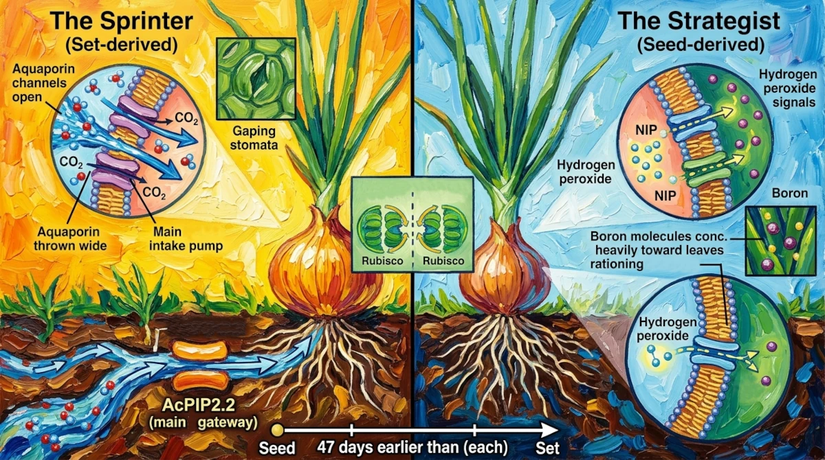 Impasto diagram comparing onion growth: 'The Sprinter' (set-derived) with high CO2 and aquaporin intake versus 'The Strategist' (seed-derived) with NIP and cautious boron allocation.