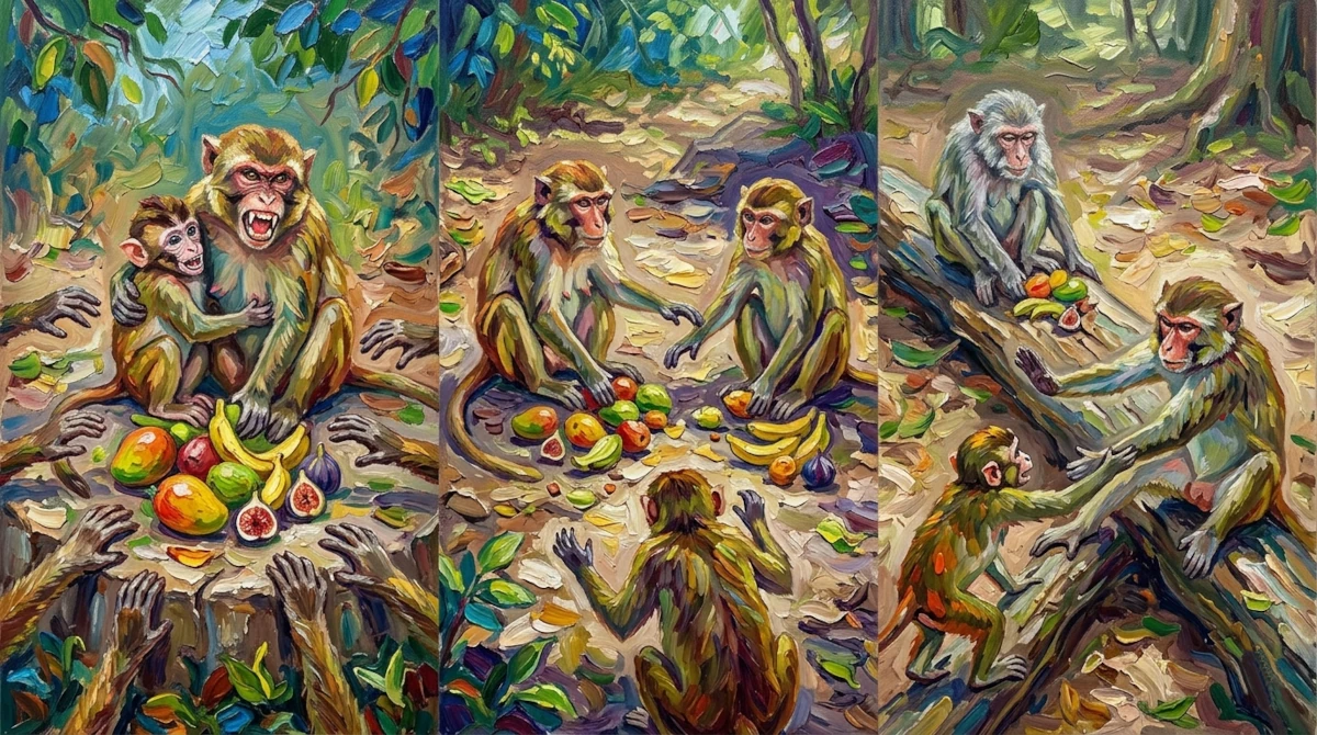A three-panel top-down view of a rhesus macaque mother-daughter pair across three life stages. In "Early Life," they sit close together sharing fruit while defending it from intruding hands. In "Middle Age," they sit further apart with separate food piles but team up to block an intruder. In "Old Age," they sit furthest apart as the adult daughter extends her arm to block an aggressor from her frail, graying mother.