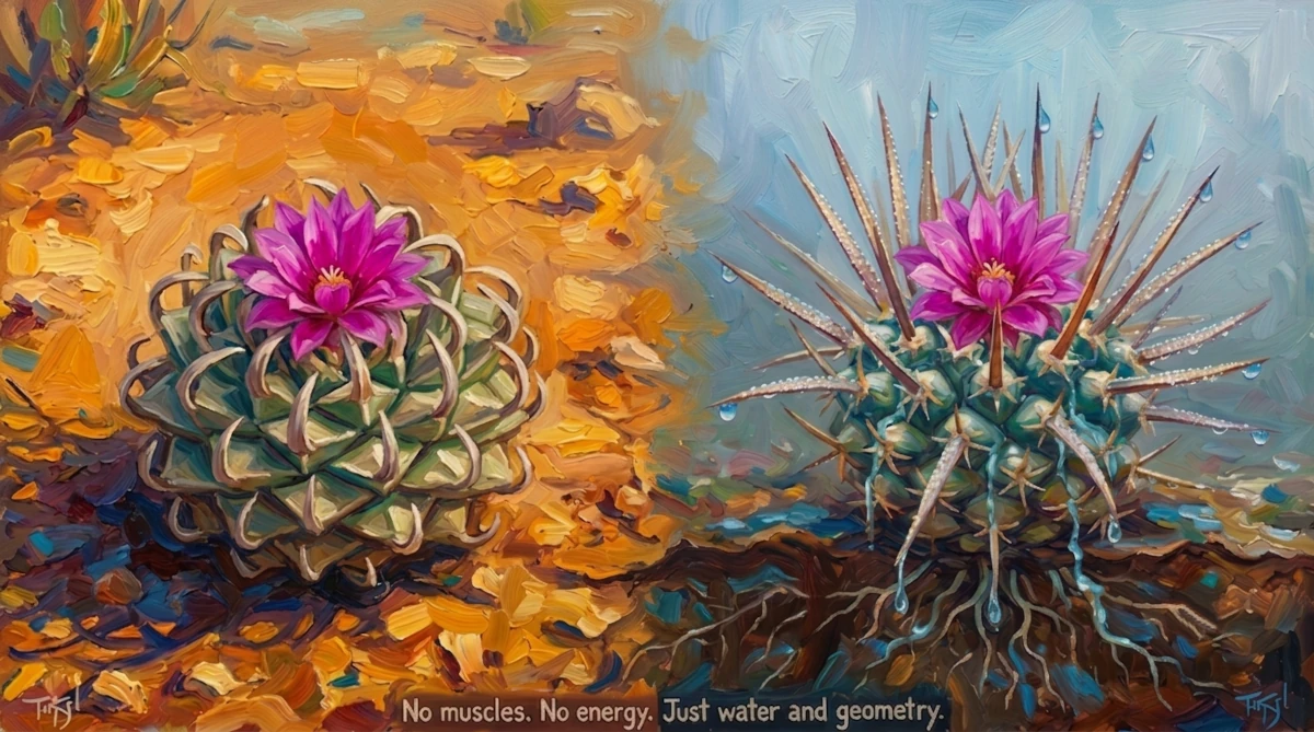 Impasto painting showing the endangered Turbinicarpus alonsoi cactus changing shape from a curved, dry state on the left to a straight, vertical fog-harvesting state with water droplets on the right