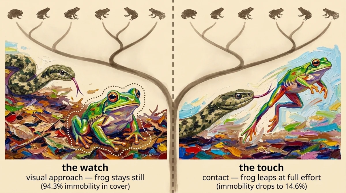 Impasto graphic showing two frog antipredator strategies against a snake, mapped to an evolutionary tree diagram. On the left side, a frog stays completely still on leaf litter during a visual approach. On the right side, the frog leaps away at full effort upon physical contact by the snake.