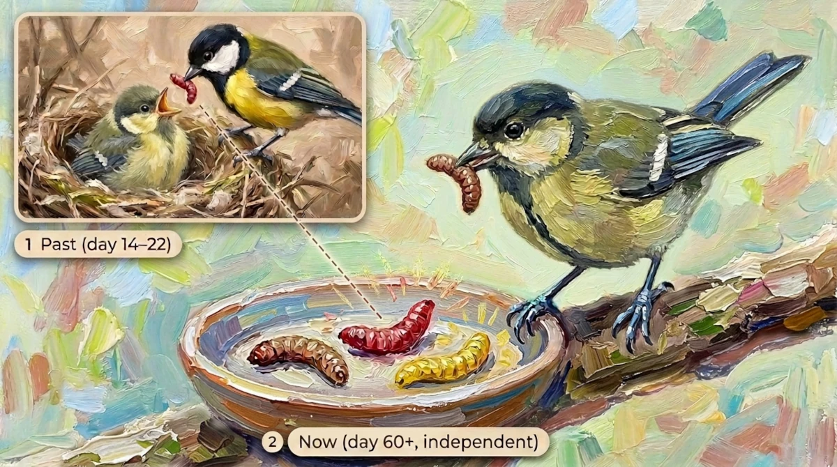 Impasto oil painting of a juvenile Great Tit perched near a dish of red, yellow, and brown mealworms, eating a brown one. An inset shows nestling feeding with a red one.