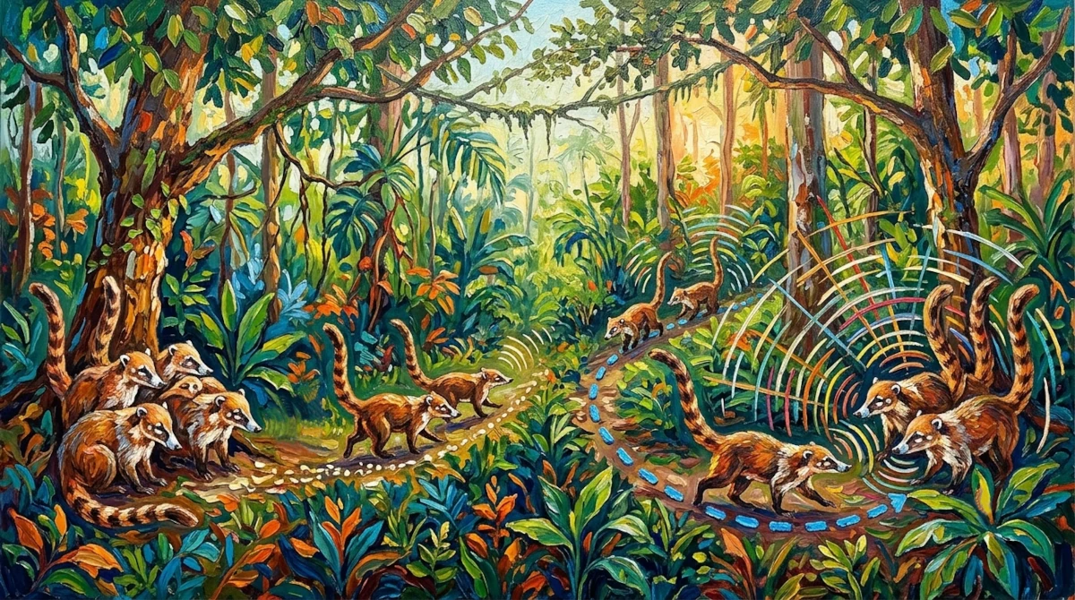 Jungle painting of white-nosed coatis splitting from their main band on the left and merging again on the right to illustrate fission-fusion social structure.