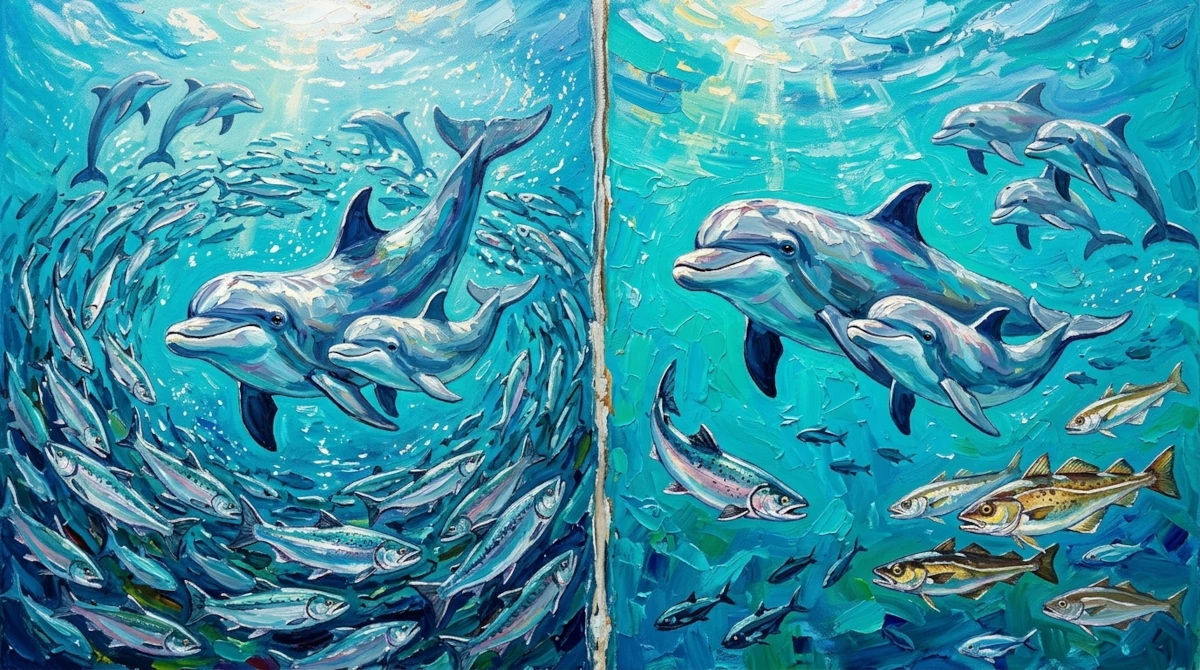 Impasto diptych of a mother and calf bottlenose dolphins swimming with salmon on the left panel, and cod, saithe, and whiting on the right.