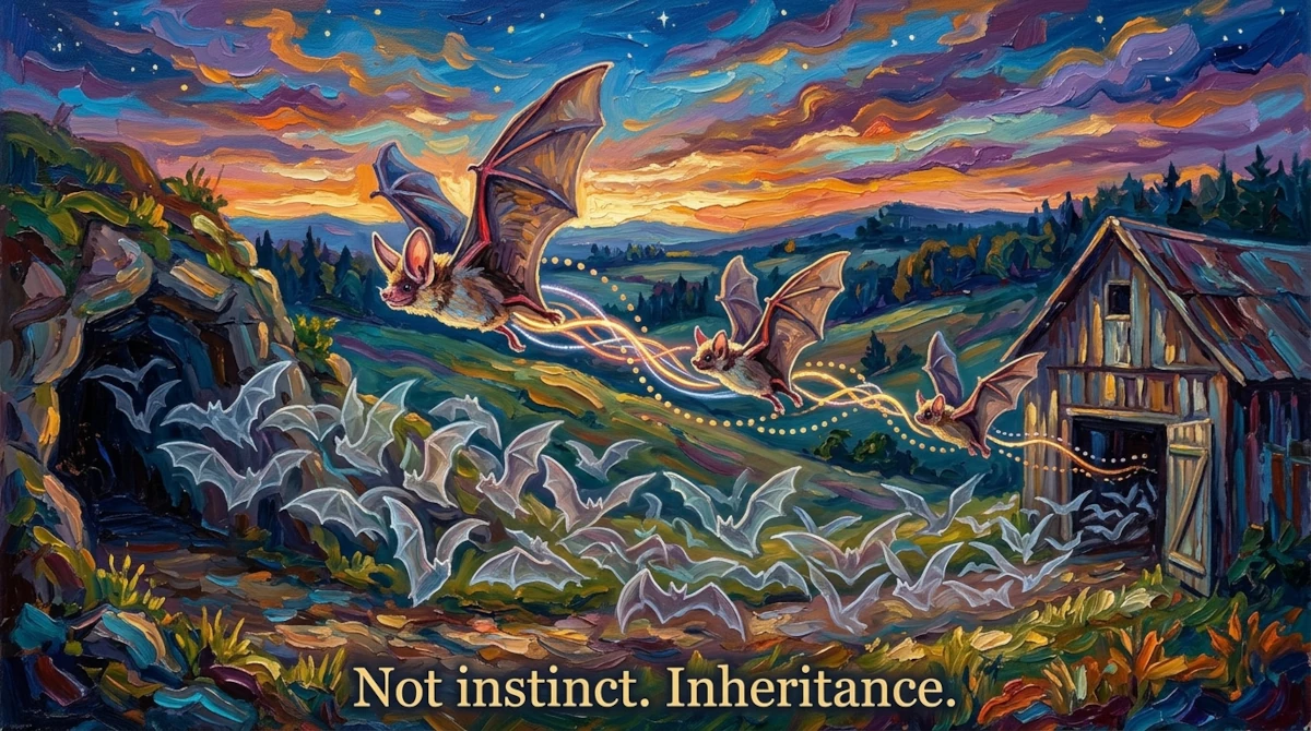 Impasto painting of an adult Greater mouse-eared bat (Myotis myotis) guiding two yearlings along glowing light trails from a barn summer roost to a winter cave hibernaculum at twilight.