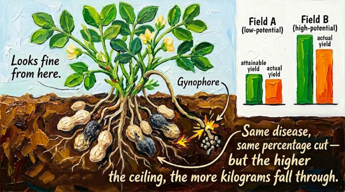 Impasto illustration of a peanut plant with healthy foliage above ground but smut-infected pods below; chart shows the same percentage yield cut results in greater total yield loss in kilograms in a high-potential field.