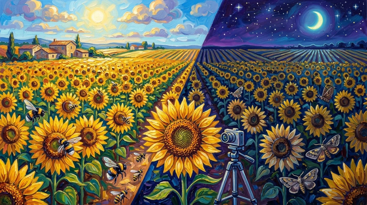 Impasto painting of a sunflower field split by day with bees and by night with moths, monitored by a PolliCrop AI camera.