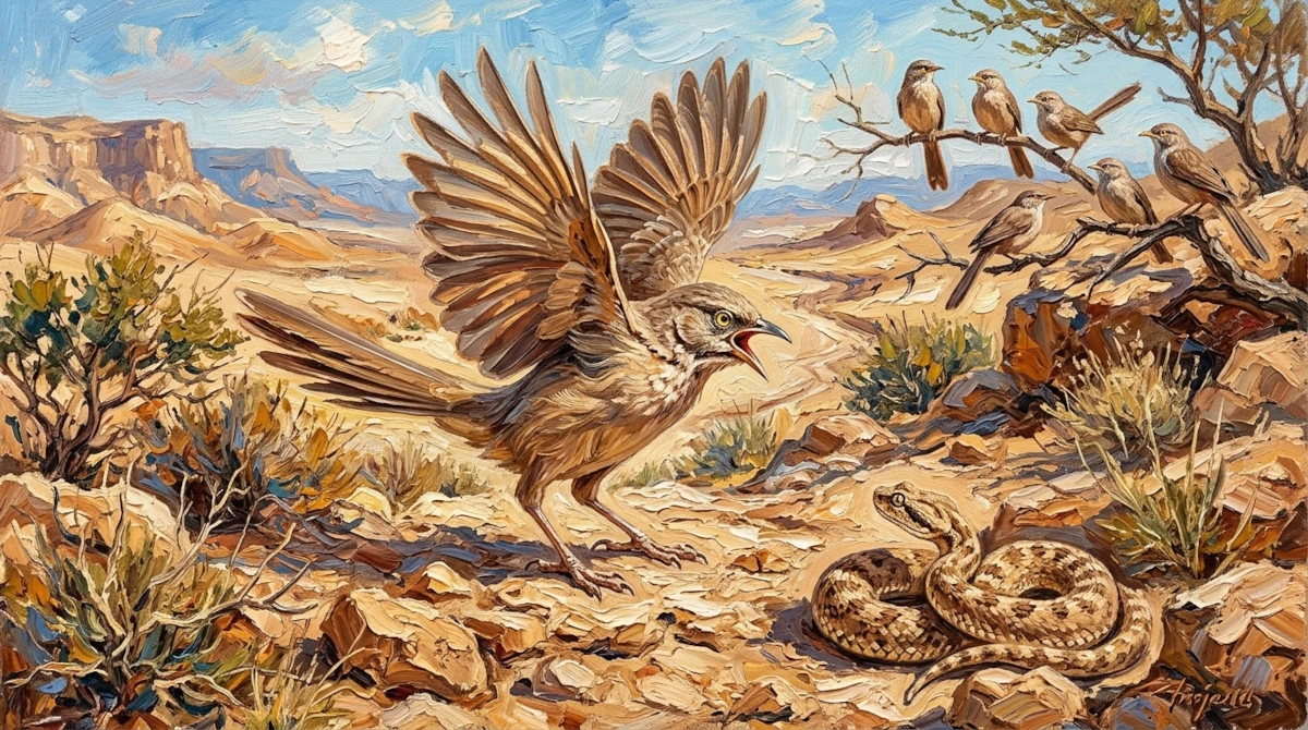 Impasto painting: an Arabian babbler performs a wing-lift display and calls at a coiled viper while flockmates watch from branches in the Negev desert.
