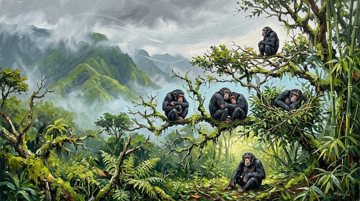 Impasto painting of six eastern chimpanzees in misty Nyungwe forest, Rwanda, showing thermal behaviors: two huddle, one curls up, one reclines in a leafy nest, one sits on the forest floor, one perches in the top canopy.