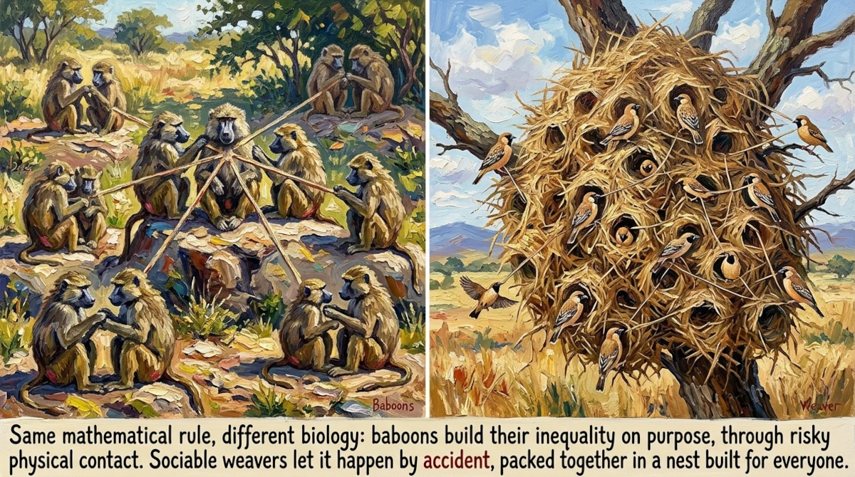 Impasto diptych illustrating the friendship paradox in animal societies: left, a hub baboon with radiating ties to grooming partners; right, sociable weavers packed in a communal nest.