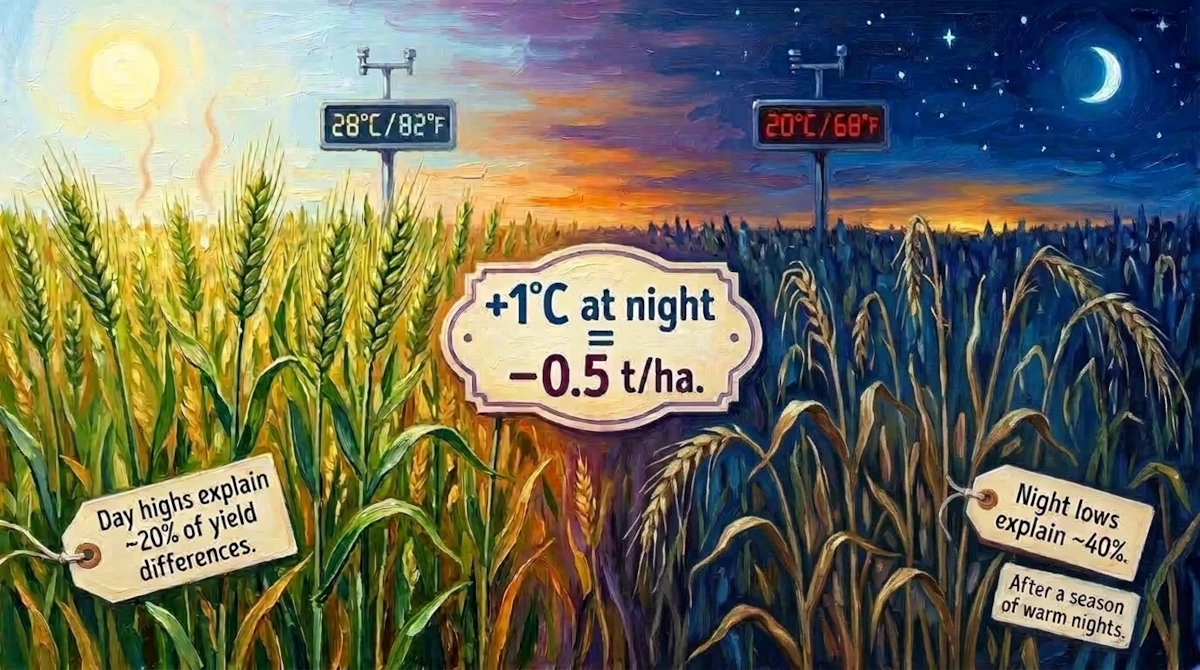 Impasto split painting of a wheat field: healthy crop under a daytime sun, withered crop under a night sky, illustrating that each 1°C rise in nighttime temperature reduces wheat yield by 0.5 tons per hectare.