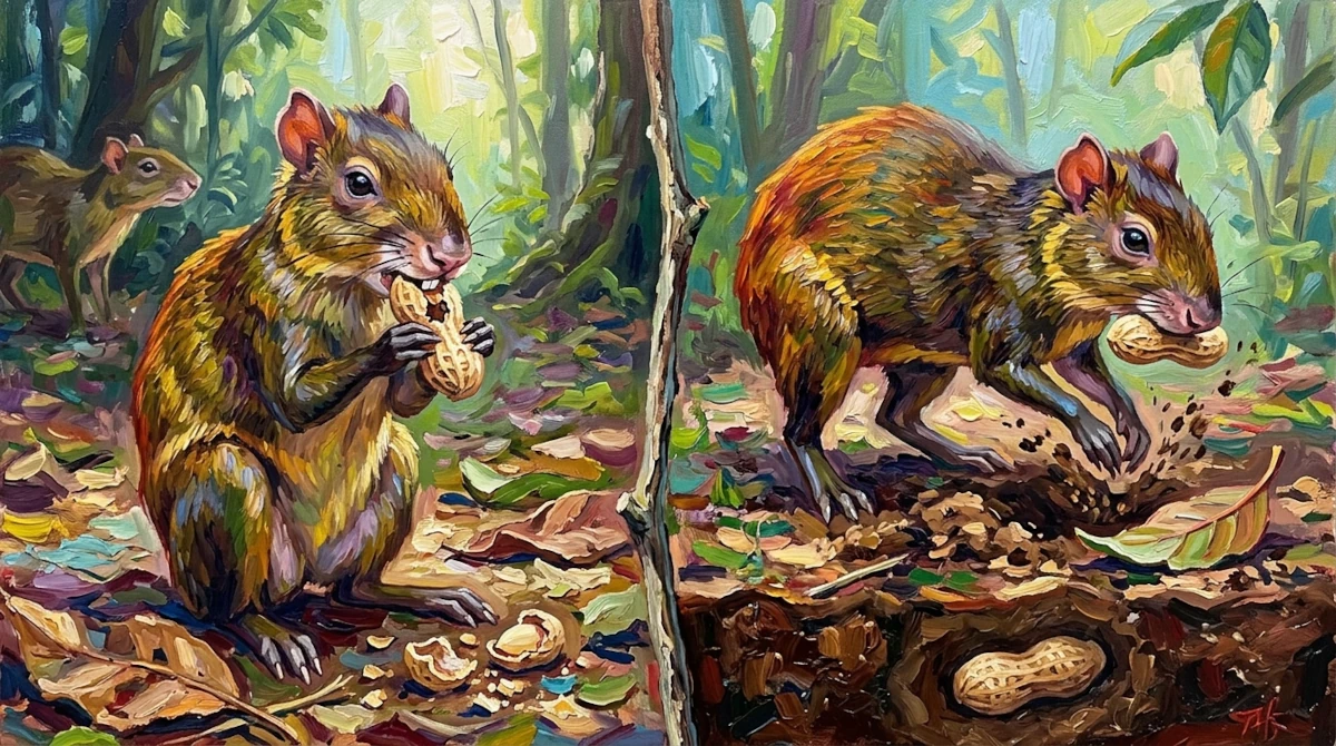 Impasto painting: on the left, an agouti inspects a peanut shell with a small hole using its teeth; on the right, it buries an intact peanut in a Panamanian rainforest soil