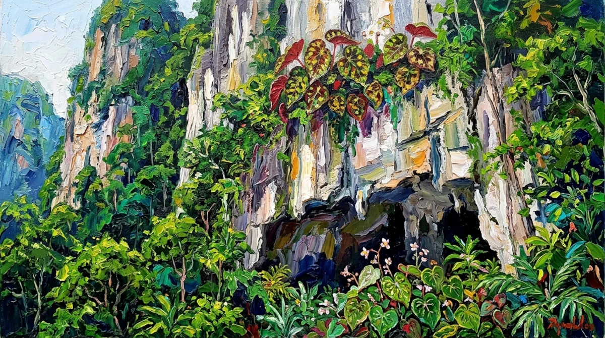 Impasto painting depicting Begonia kingiana clinging to a high limestone cliff and Begonia phoeniogramma growing in the shaded undergrowth near a cave entrance at Batu Caves, Malaysia.