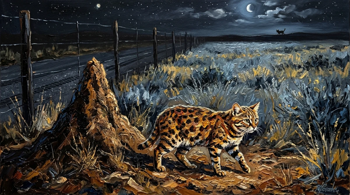 Impasto painting of a black-footed cat walking through a grassland next to a termite mound, a fence, and a dirt road at night. In the background, a tiny silhouette of another cat stands on the horizon under a crescent moon.