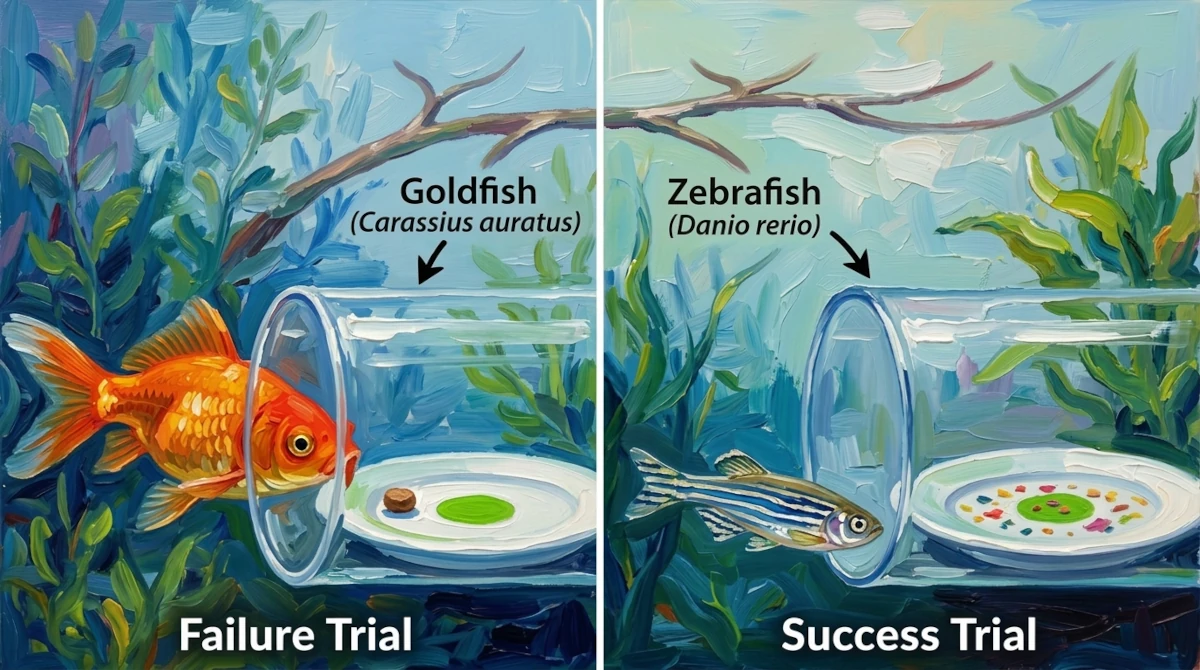 An impasto split-screen comparison of fish inhibitory control: a goldfish displaying a prepotent impulse by swimming directly into a clear cylinder barrier, versus a zebrafish executing a detour to access food