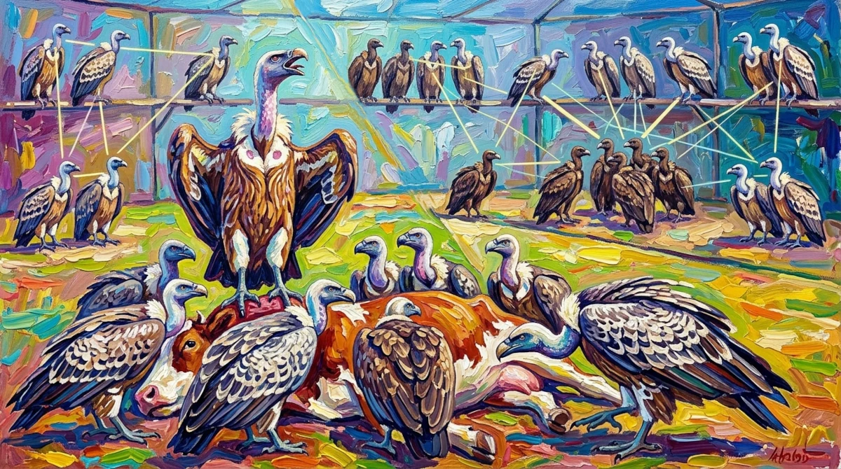 Impasto painting of captive Rüppell's vultures at Avifauna Bird Park. Birds gather around a carcass while others on perches are linked by lines illustrating social interactions and the pecking order.